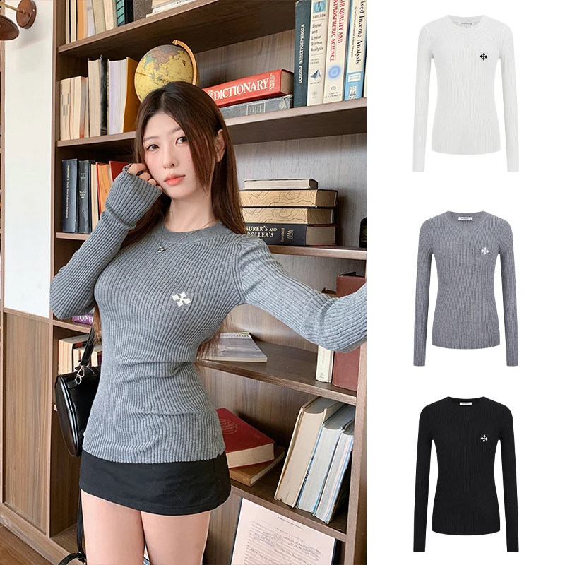 

Женский трикотажный базовый слой для осени и зимы, длинный топ с вышитым логотипом, корейский стиль, облегающий крой.