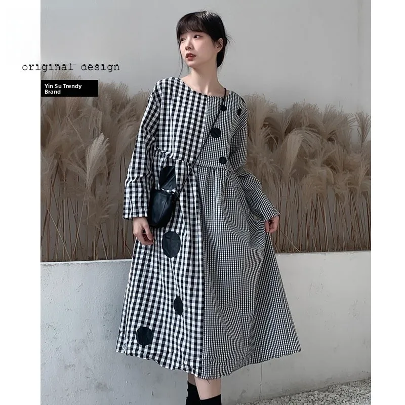 

Оригинальный дизайн, японский стиль, свободная юбка А-силуэта в горошек и клетку, с полосатым узором, повседневная, с длинными рукавами, круглый вырез, платье