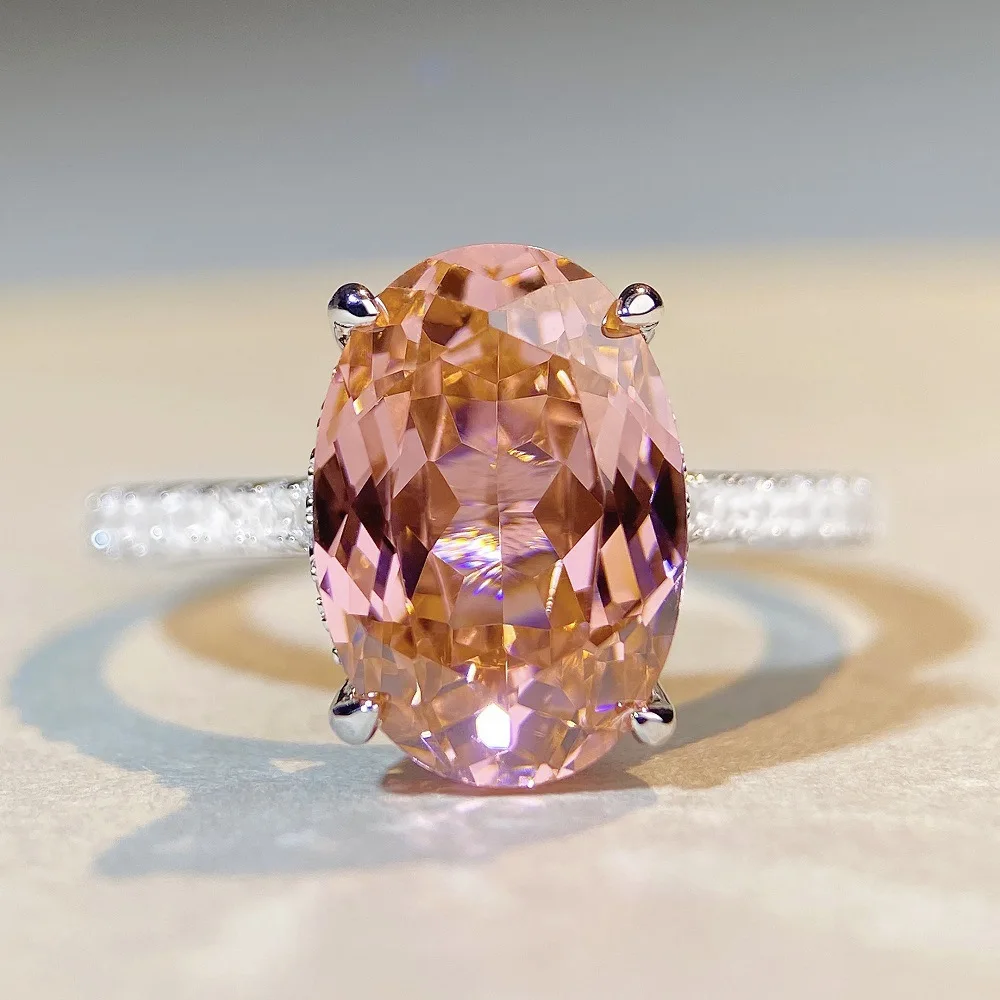 

S925 Sterling Silver Ring, Light Pink Pigeon Egg, 6-carat Diamond Ring, Full Diamond, European and American Cross-border