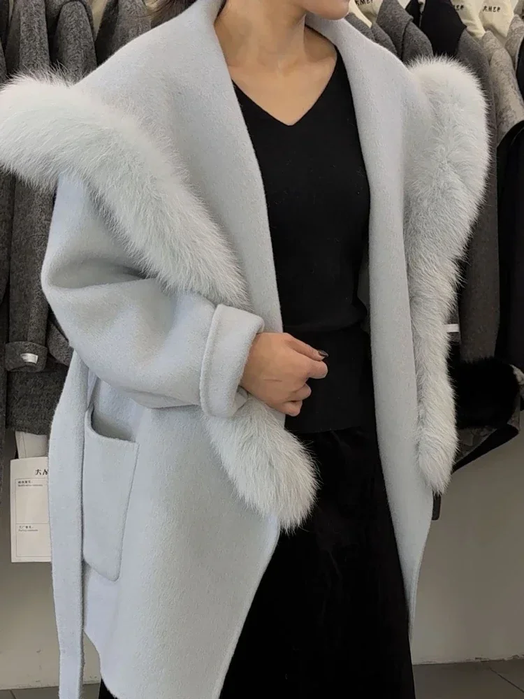 Women's Coat Wool with Fur Collar  Oversized Shawl Collar Jacket Belted Wrap Thick Insulated Warm Classy for Commuting Style