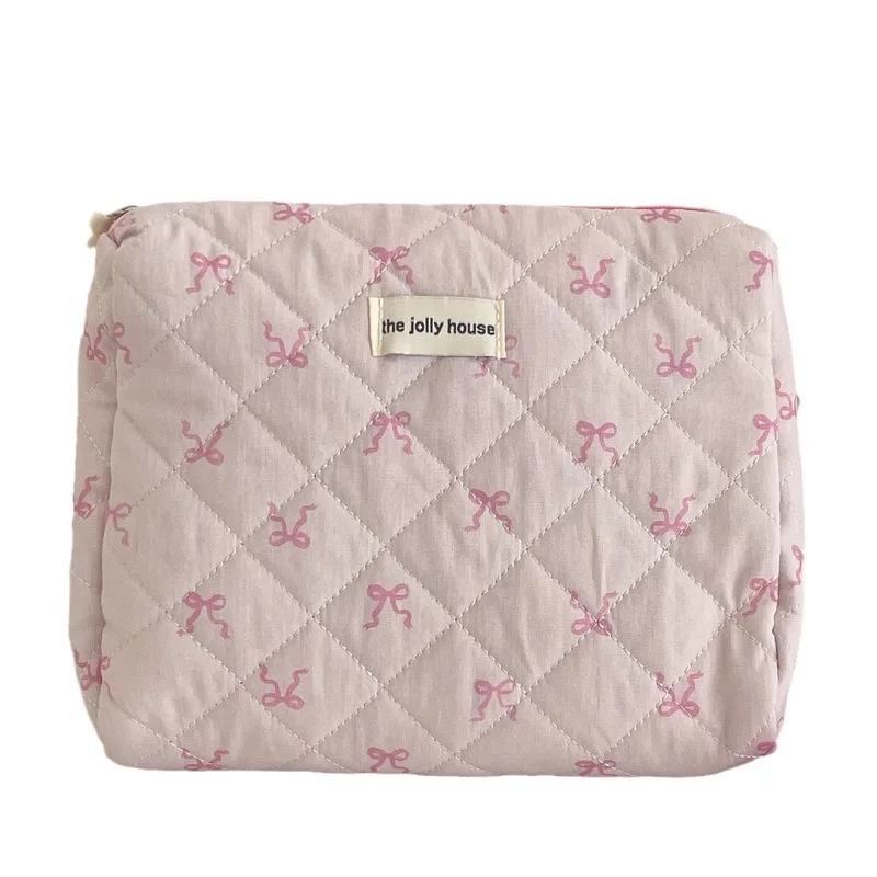 Borsa per il trucco in cotone trapuntato con fiocco carino Borsa per il trucco in cotone da donna con cerniera Organizzatore cosmetico Borsa in