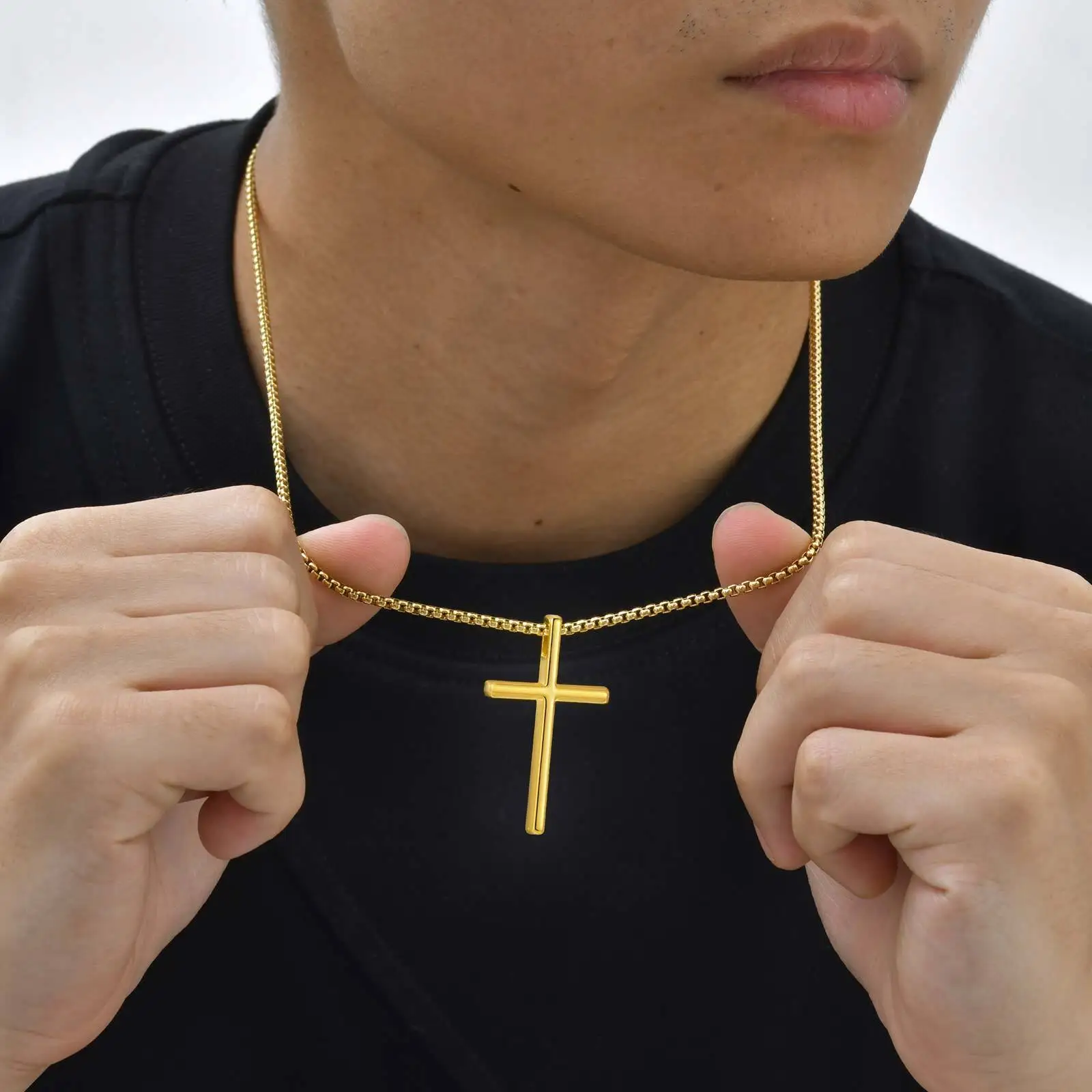 Kalung Salib Sederhana untuk Pria Anak Laki-laki, Kalung Salib Logam dengan Rantai Kotak Baja Tahan Karat 55/55CM, Hadiah Perhiasan Kasual Hip Hop