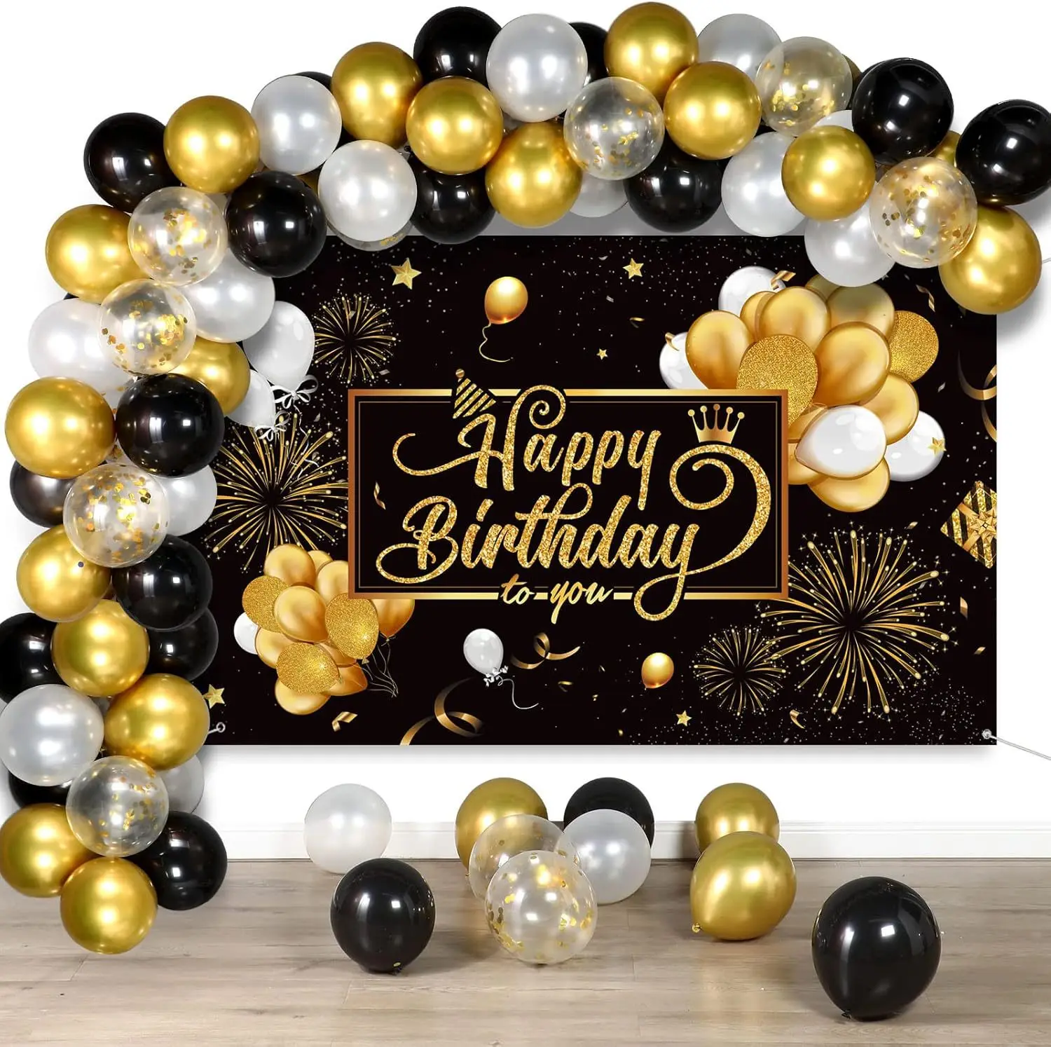 

50Pcs Golden Black Balloon Arch Set Happy Birthday Black Background Cloth Suitable for Anniversary Birthday Parties