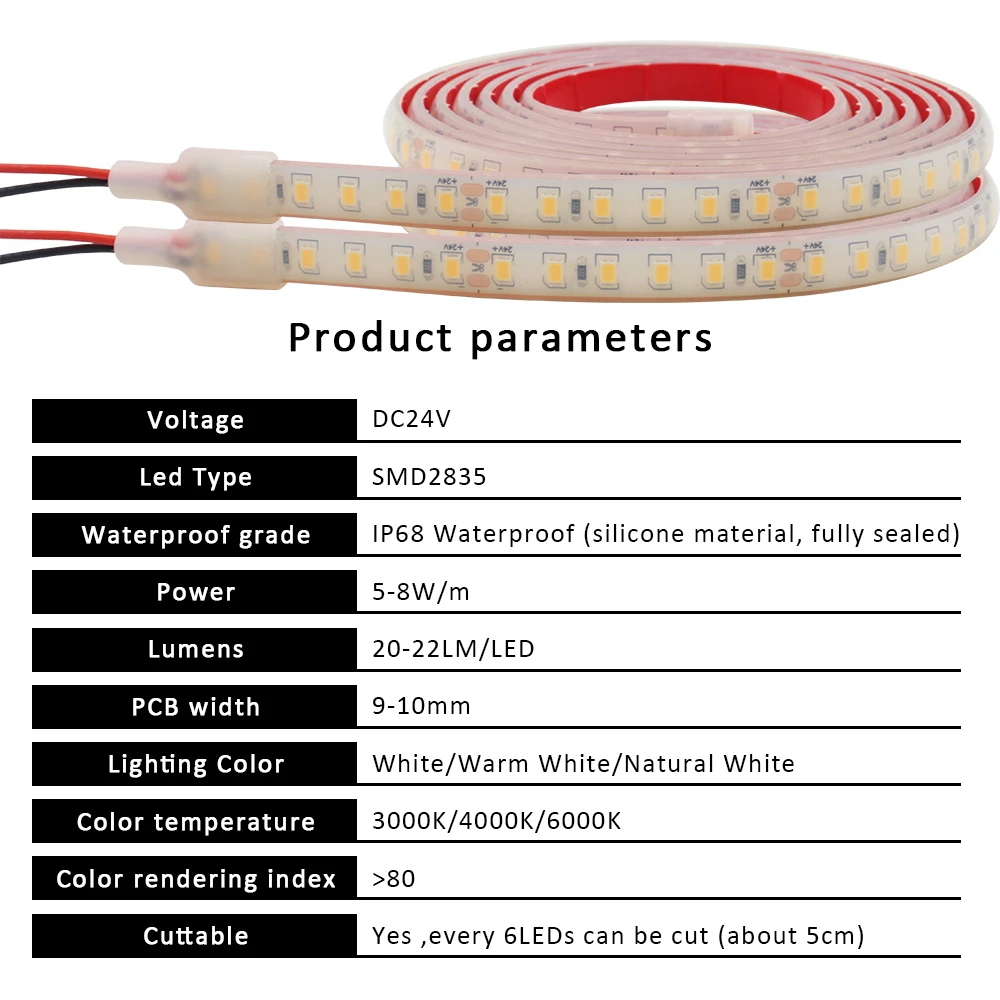 24V SMD2835 LED Strip Light 120leds/m High Density Flexible Ribbon IP68 Waterproof 1M 5M 10M 15M Outdoor Swimming Pool Lighting