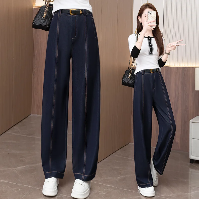 جينز أزرق من قماش الدنيم واسع الساق للنساء، سروال مستقيم جديد عالي الخصر للتخسيس فضفاض ثنيات مقاوم للتجاعيد