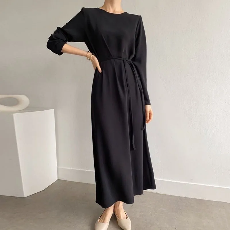 Chic Early Spring Mat Round Ne Color Belted Waist Slimming Skin-Friendly Long Sve Dr Maxi Dr