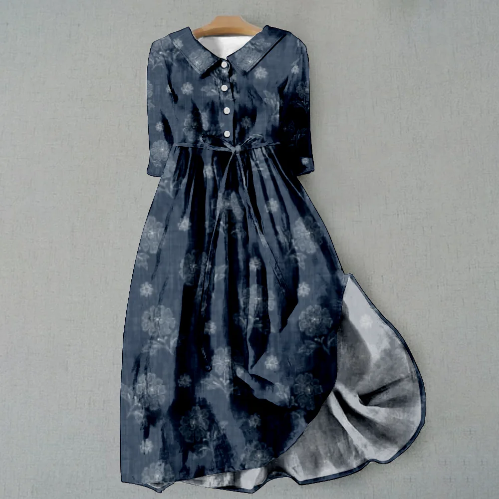Dresses New Pastoral Simpe Lace Up Frock Printed Lapel Long Traf Summer Autumn Single Breasted Holiday Beach Plus Size Outfits