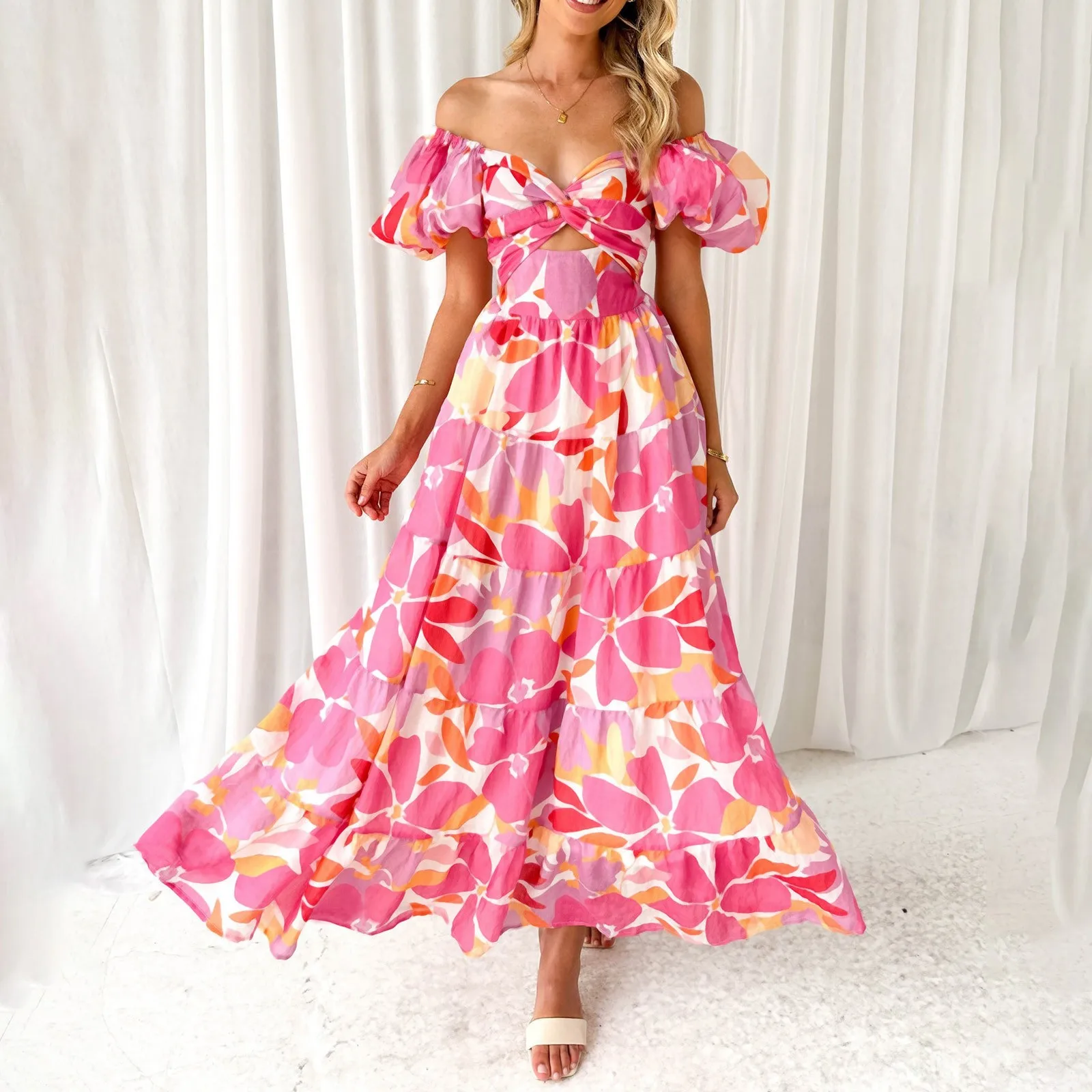 Elegante Gebloemde Print Lange Jurken Zomer Nieuwe Sexy Rugloze V-Hals Elastische Jurk Vrouwen Hoge Taille Korte Pofmouw Maxi Jurk