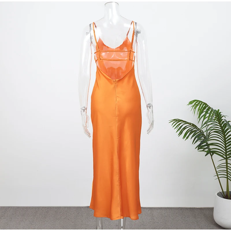 Women Solid Satin Sling Long Dress Casual Backless Sleeveless V-neck Pleated Gowns 2026 Summer Vacation Evening Party Robes