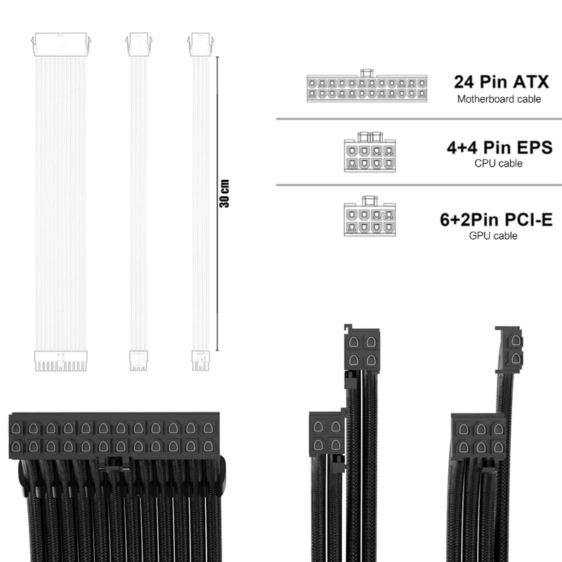 PC Case PSU Extension Cable Kit 4 In 1, 18AWG ATX 24Pin /GPU 6+2P/ CPU 4+4Pin Female to Male Sleeved Power Cord Black/White