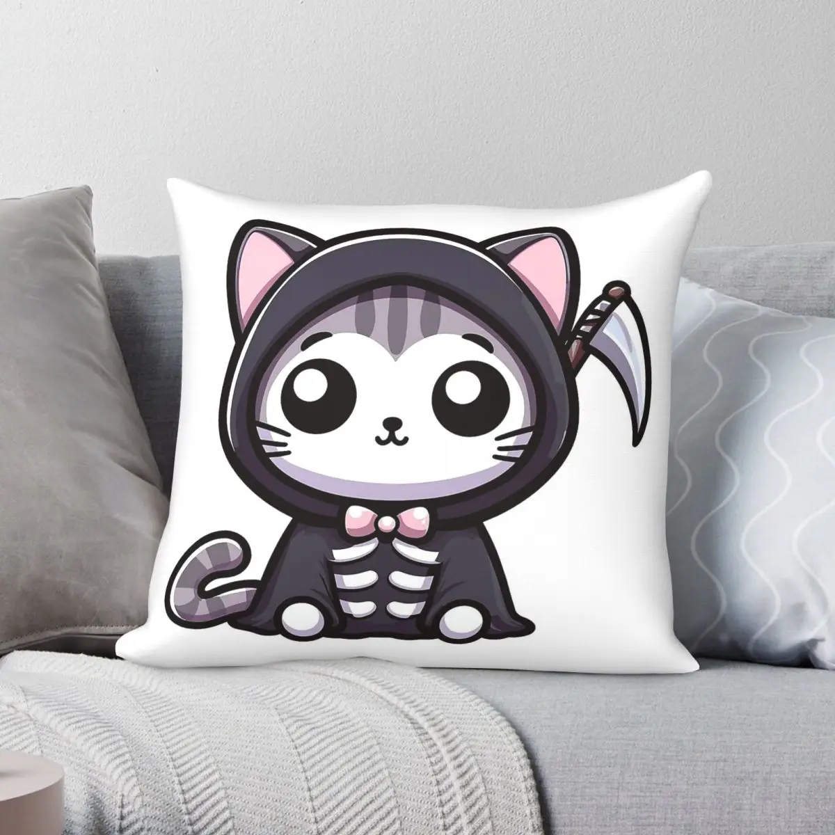 Grim Kitty With Spooky Twist Square Pillowcase Polyester Linen Velvet Pattern Zip Decorative Car Cushion Cover