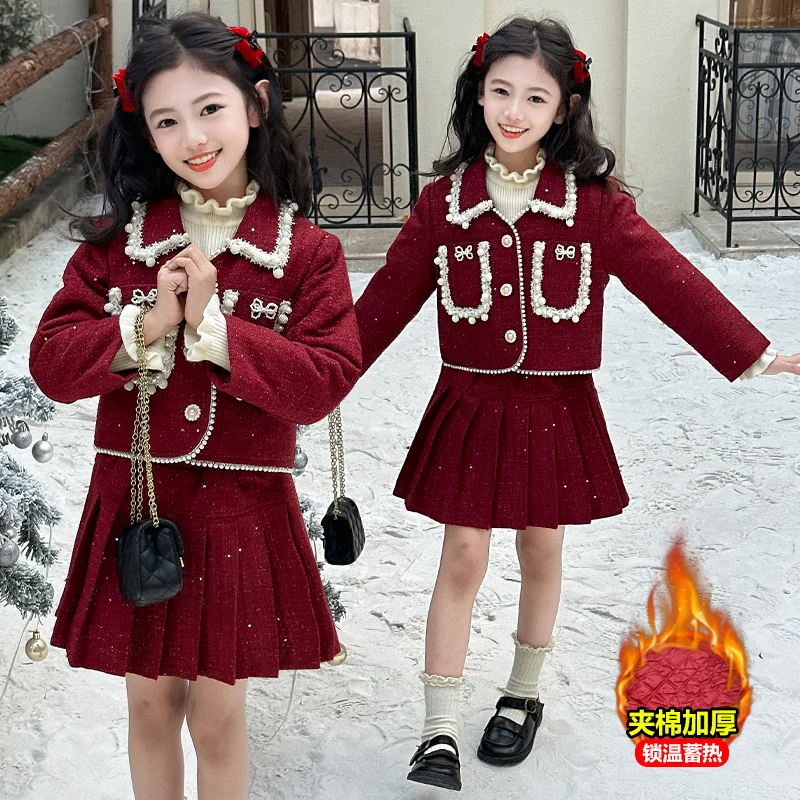 chic teen girls JK skirts sets Lace collar jacket+pleated skirt 2pcs French junior kids 4-14 boutique clothes suit child outfits