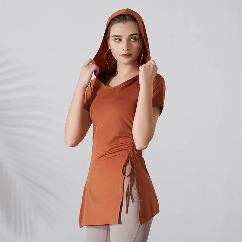 Summer Women Sports Hoodies Bandage Yoga Shirts Forked Short Sleeves Running T-Shirts Oversized Gym Fitness Hooded Tops Blouse
