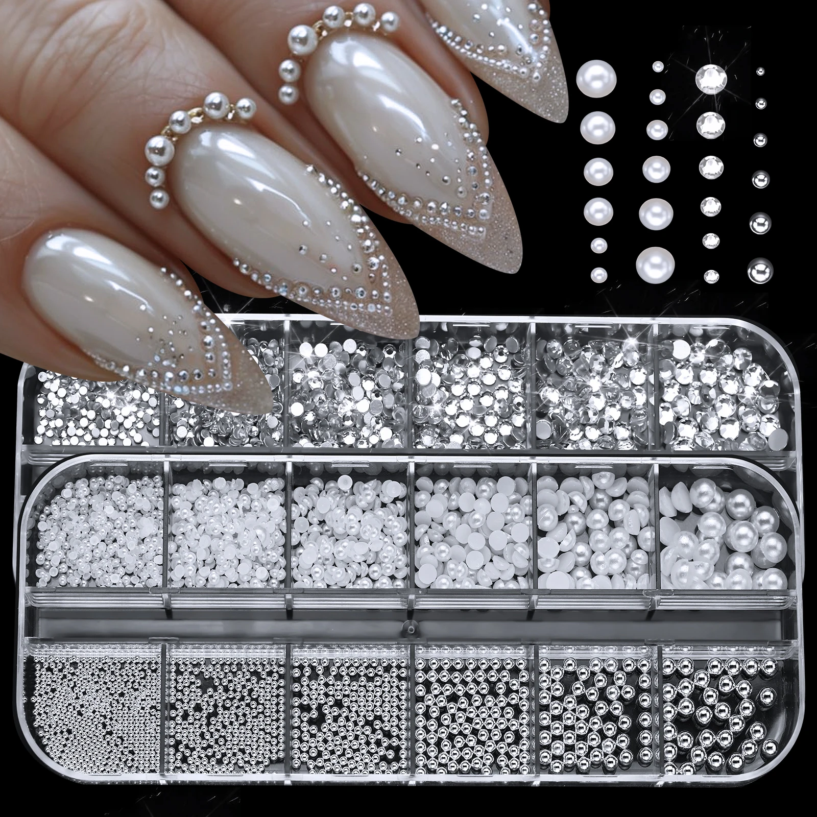 12 Grids/Box 3D Round Pearl White Nail Flat Rhinestones Mixed Size Caviar Beads Nail Stickers Nail Decoration Diy Nail Jewelry
