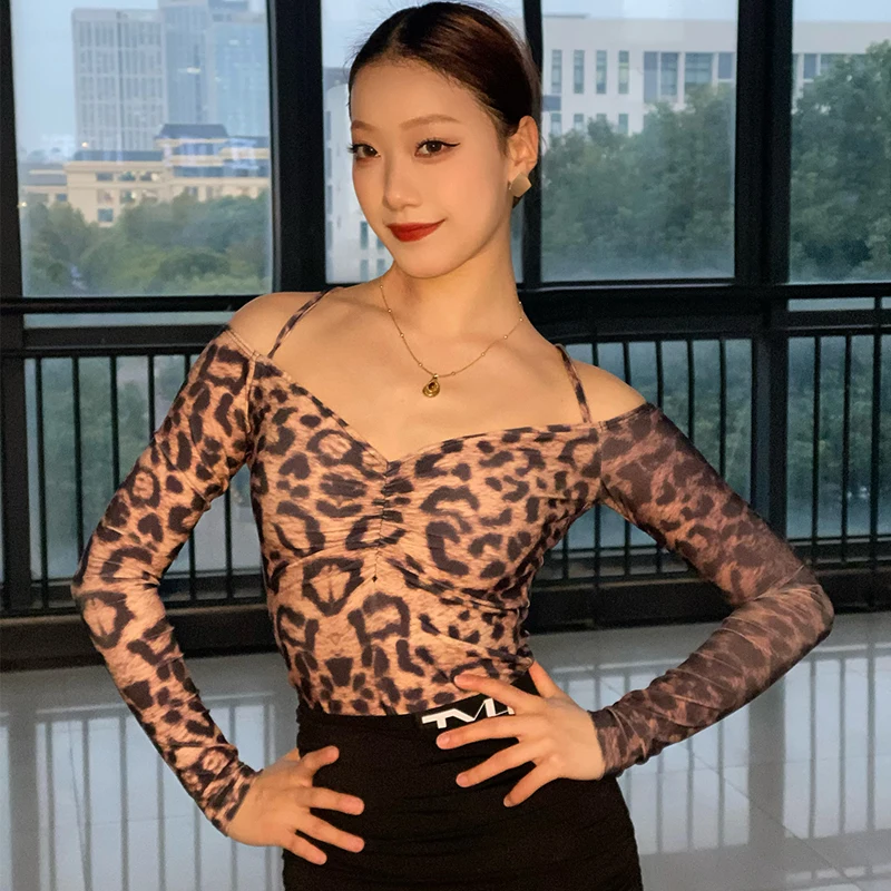 Sexy Off Shoulder Latin Dance Tops Long Sleeves Practice Clothes Rumba Cha Cha Salsa Dance Clothing Leopard Black Tops DNV22099