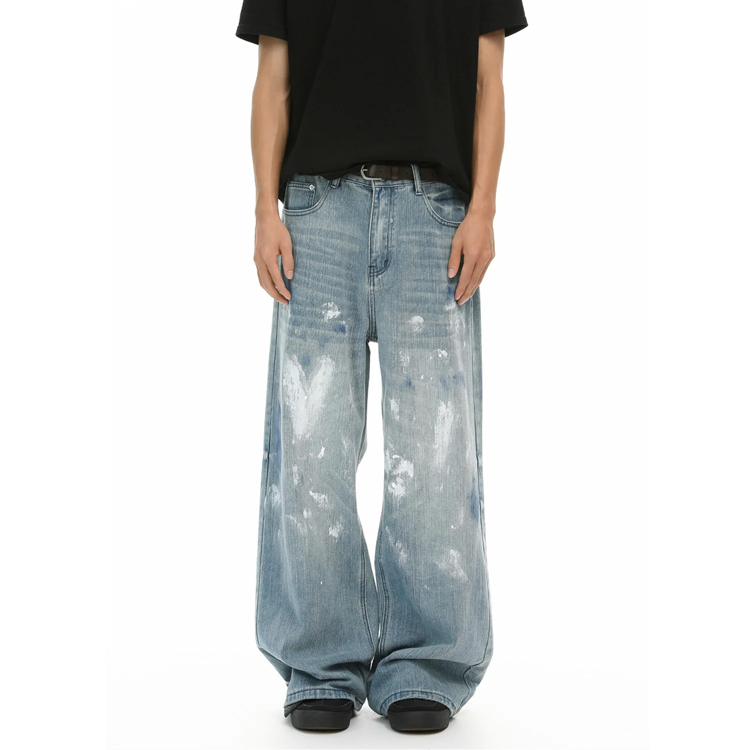 2026 New Men's Ink Splashing Graffiti Washed Old Straight Jeans American Casual Wide-leg Pants