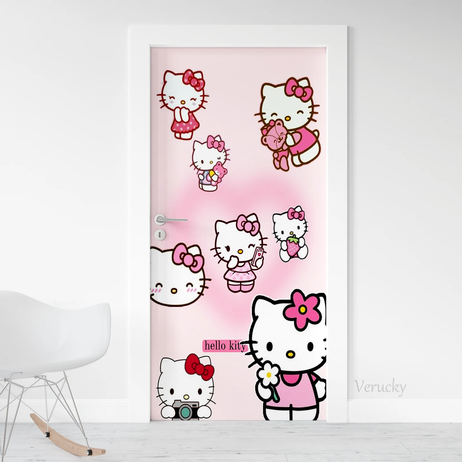 Door Sticker Hello Kitty Cute Cartoon Pattern 3d Self-adhesive PVC Mural Home Decoration Waterproof Wall Poster Decal