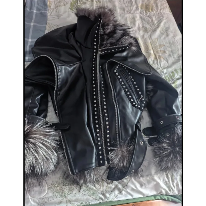 Internet Celebrities with The Same New Protein Leather Fleece Coat Women's Foreign Style Silver Fox Fur Collar Motorcycle Jacket