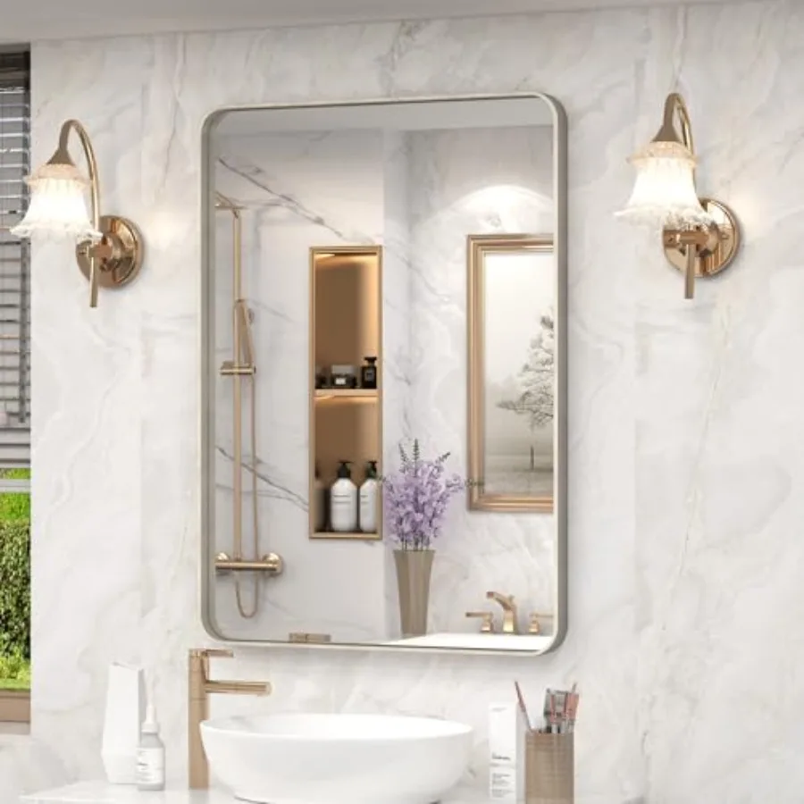 

Зеркало для ванной 20x30 дюймов, матовое никелированное, в раме из матового металла, настенное, с закругленными углами, прямоугольное, современное, для туалетного столика, закаленное