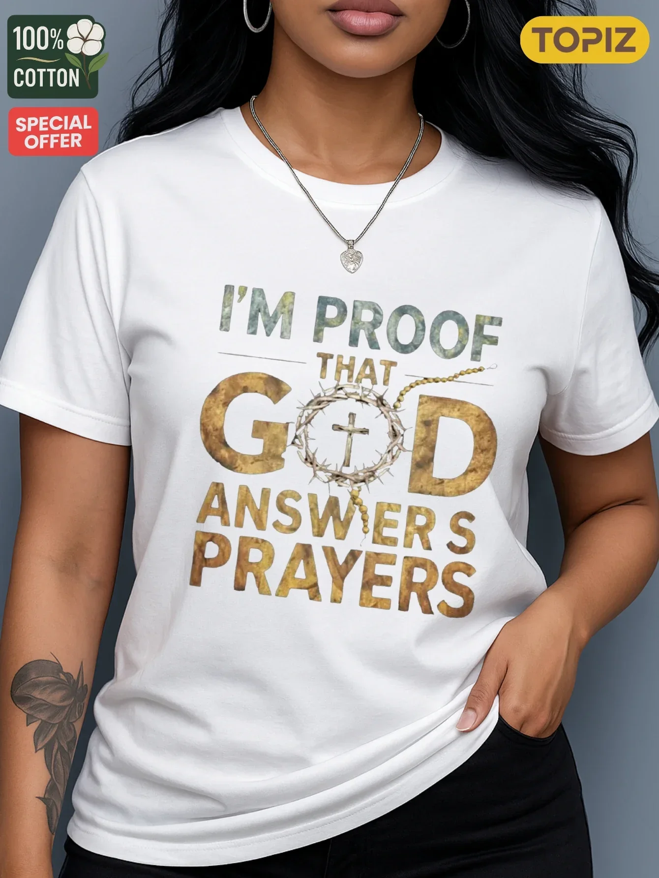 Damen-Grafik-T-Shirt in Übergröße, kurzärmliges Oberteil mit Rundhalsausschnitt, Gruppenbestellungen, 100 % Baumwolle, I'm Proof That God Answers, 100 % atmungsaktiv