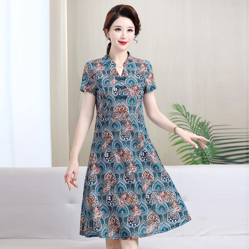 

Retro Chinese Improved Cheongsam Ladies Dress Elegant Buckle V-neck Flower Short Sleeve Midi Dress for Womens