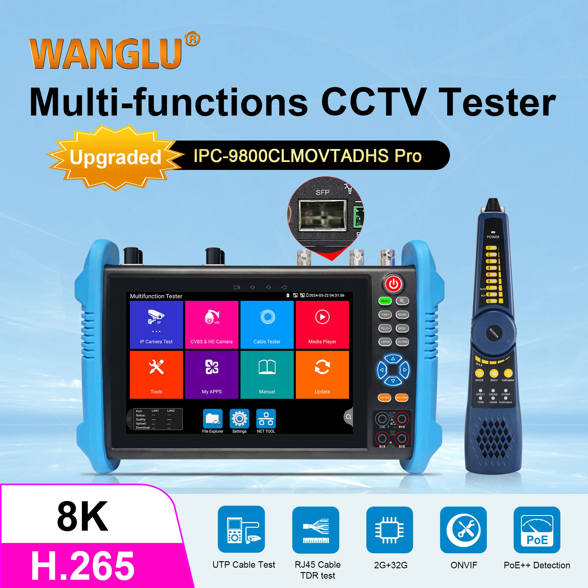 Upgraded 7 inch CCTV IPC Tester 8MP H.265 AHD CVI TVI SDI Camera Tester VGA HDMI Input Camera Security Monitoring Cable Tester