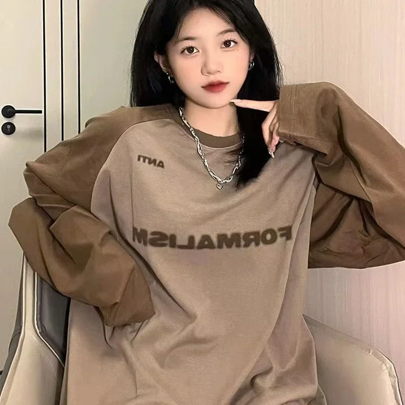 Oversized T Shirt Contrast Color O-neck Print Long Sleeve T-shirt Clothes Teens Y2k Clothes Harajuku Casual Korean Woman Tshirt