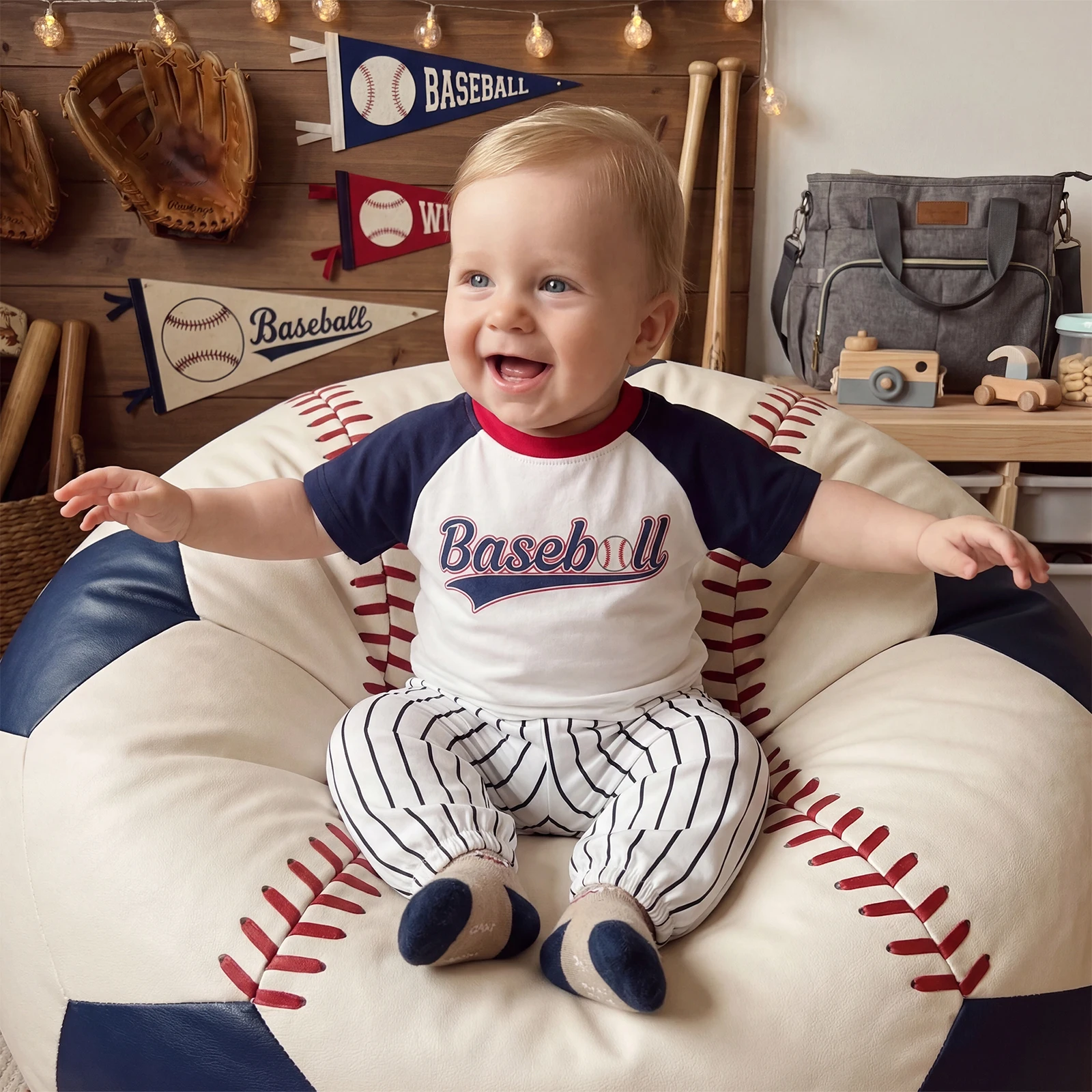 Boys 2PCS Summer Outfit Short Sleeve Crew Neck Letter Baseball Embroidery T shirt Tops Striped Pants Baby's Sets