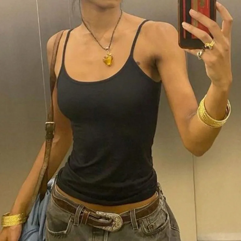 Slim Fit Color básico Street Sle un hombro cuello cuadrado ropa interior chaleco pequeño ropa de abrigo de verano camiseta sin mangas