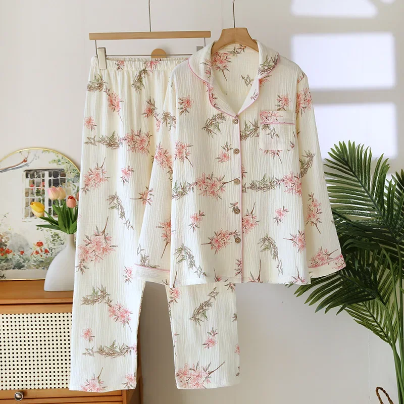 طقم بيجامة نسائي جديد لربيع وخريف 2025 100% كريب قطني بأكمام طويلة وسراويل طويلة مكونة من قطعتين ملابس منزلية ملابس نوم للسيدات #1