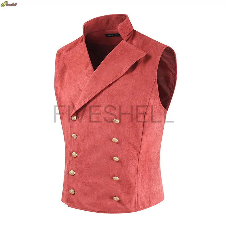 Vintage Suede Mens Victorian Double Breasted Vest Gothic Steampunk Slimfit Rock Star Punk Waistcoat Performance Stage  Costume