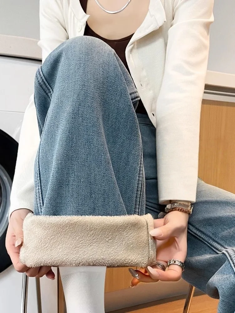 กางเกงยีนส์เดนิมทรงขากว้างเอวสูงสำหรับผู้หญิง ฤดูใบไม้ร่วง ฤดูหนาว ไซส์พลัส ทรงหลวม ขาตรง ยาวคลุมเท้า...