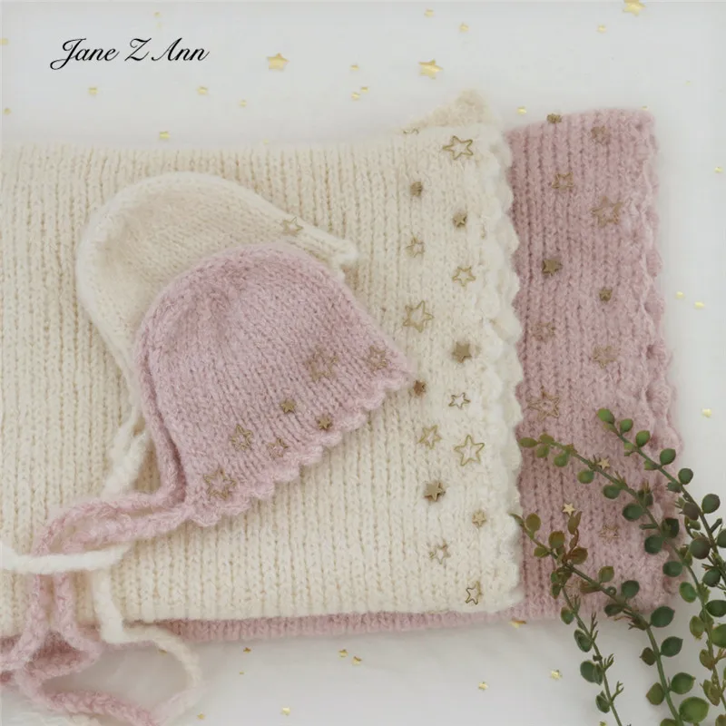 

Newborn Photography props Infant Photo Wrap + Hat Mohair Handmade Stitched Star theme outfits 2 colors
