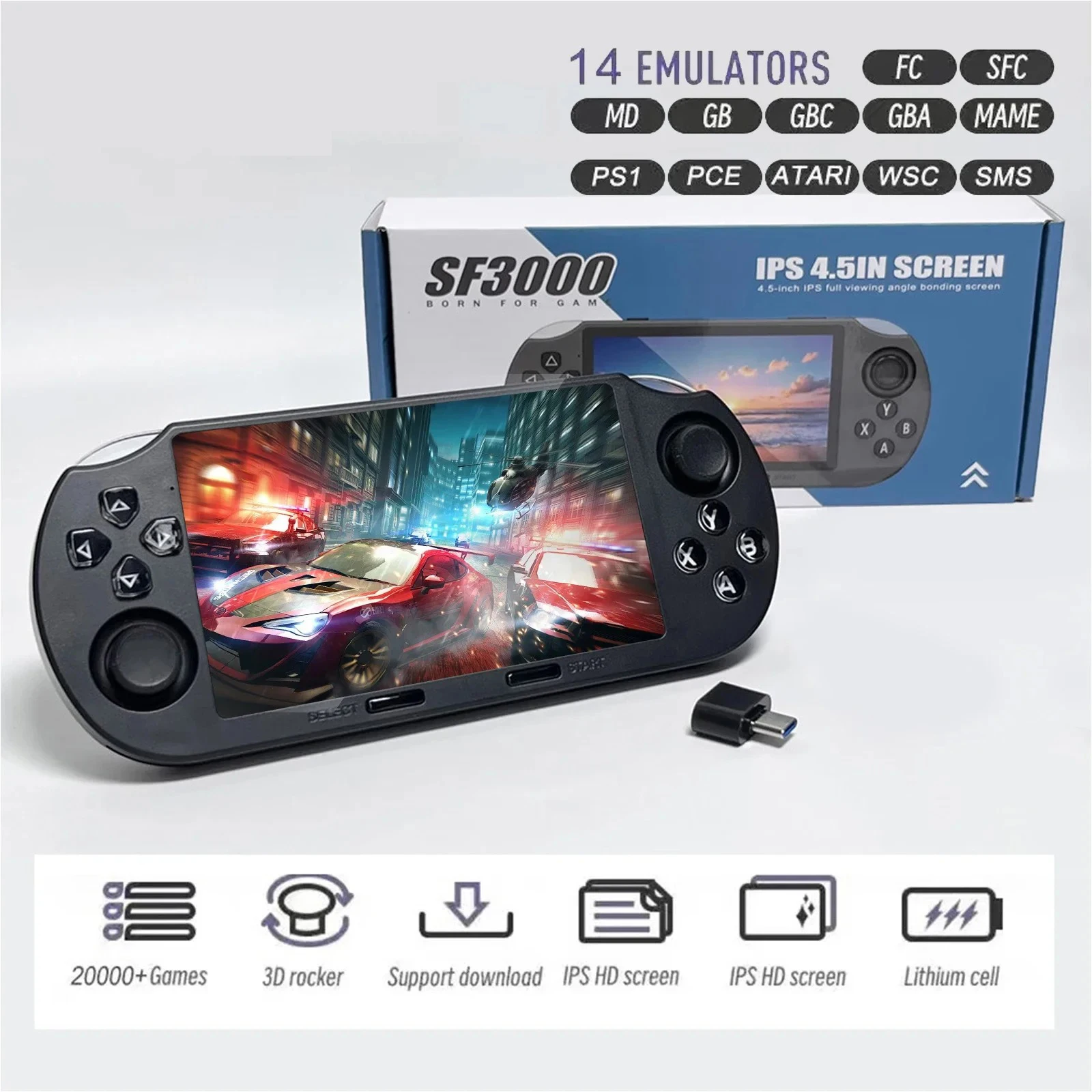 

GAMINJA SF3000 4.5 Inch IPS Screen Portable Handheld Game Player Retro Video Game Console Built-in 20000+ Games For PS1/GBA/SFC