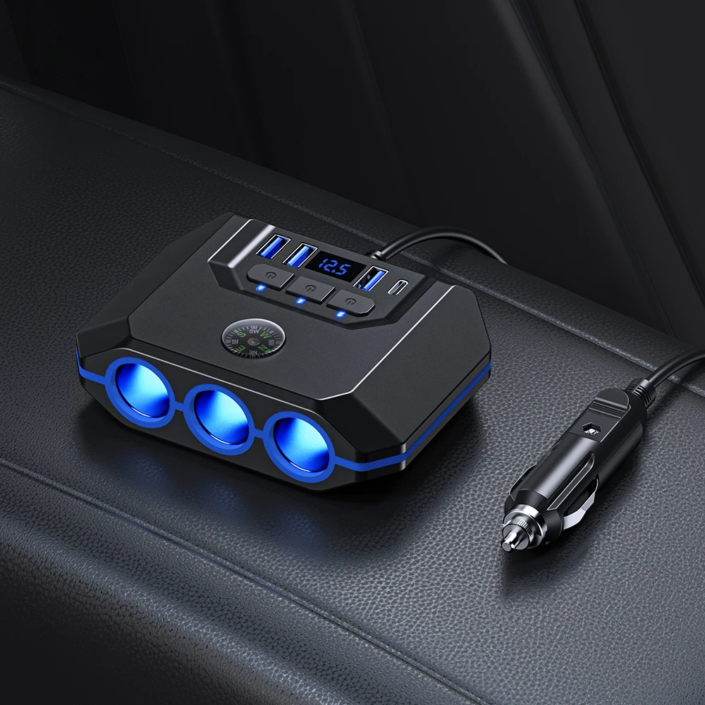 7-in-1 Zigarettenanzünder-Verteiler 120W 3-Port Auto-Ladegerät Adapter USB PD Stromanschluss mit EIN/AUS-Schaltern – Detail 2
