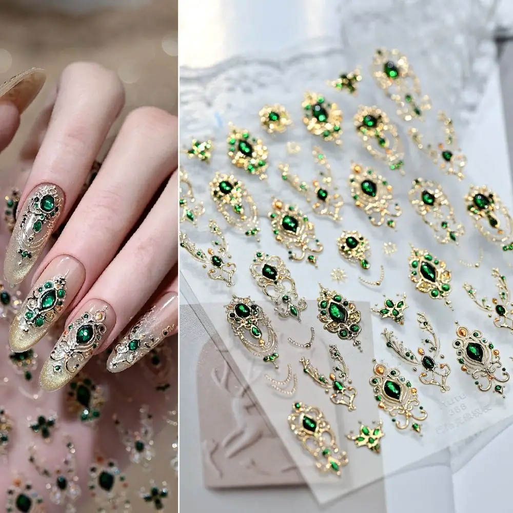 Luxurious Design 5D Nail Stickers Shiny Finish Gold Scepter Imitation Gemstone Nail Red Green Gemstone Emerald Ruby Color