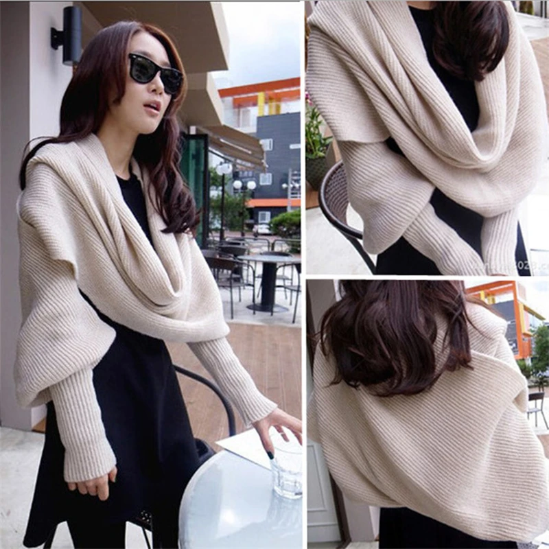 European Style Winter Women Long Scarf with Sleeves Wool Knitted Scarves for Women Thick Warm Casual Shawl High Quality