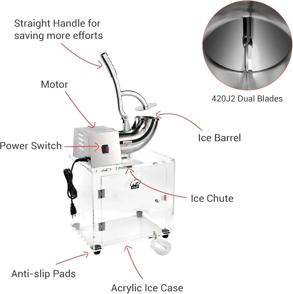 Máquina Eléctrica de cono de nieve, afeitadora de hielo de acero inoxidable, trituradora de cuchillas duales, 250w, 440 libras, para el hogar y comercial