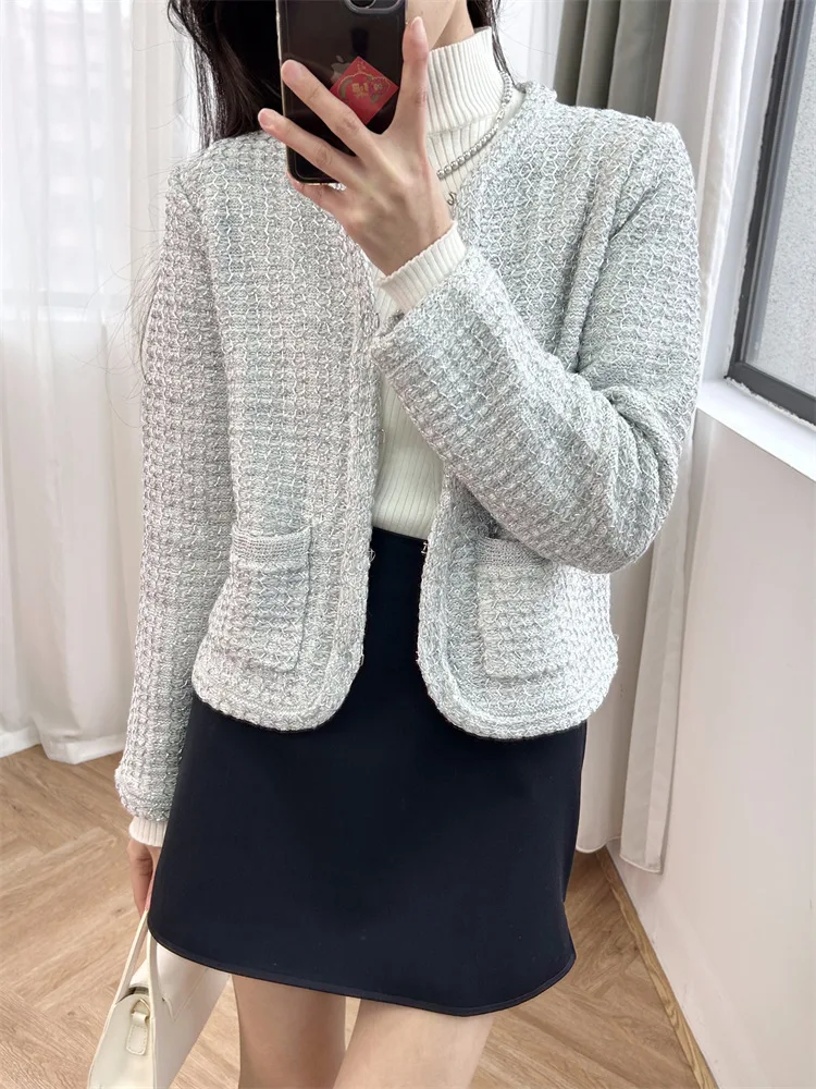 

Women Tweed Jacket Long Sleeve O-Neck Loose 2024 Spring Short Coat