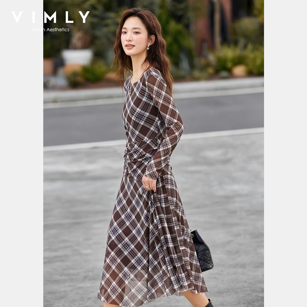 

VIMLY French Retro Plaid Dress Women's Autumn 2025 New Slash Neck Dress Commute Long Sleeve A-line Midi Dresses Woman A2859