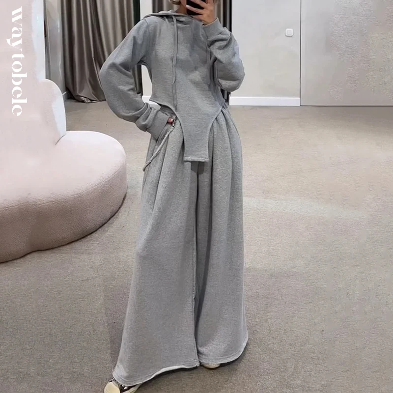 

Waytobele Autumn 2 Piece Set Women Casual Simple Solid Hooded Long Sleeve Pullover Sweatshirt Top Loose Wide Legs Pants Sets