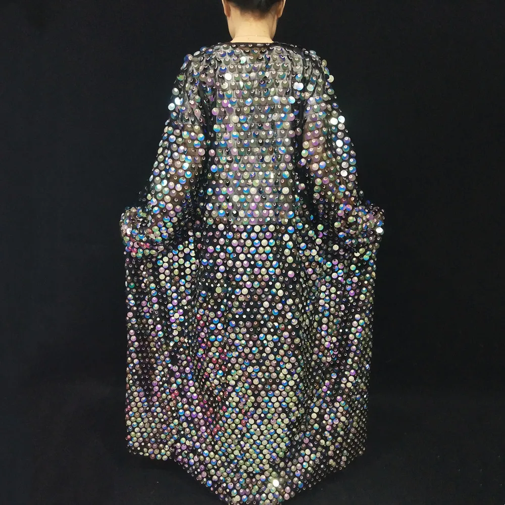 Sparkly Sequins Mesh Long Coat Carnival Party Halloween Cosplay Cardigan Cloak Overcoat Bar Nightclub Catwalk Show Dance Costume