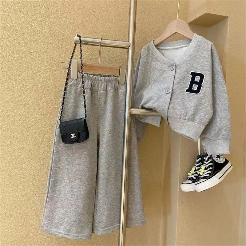 Kids Clothes 2-8 Years Children Baseball Uniform Letter Top Wide Leg Pant 2Pcs Spring Autumn Girls Fashion Casual Sports Sets