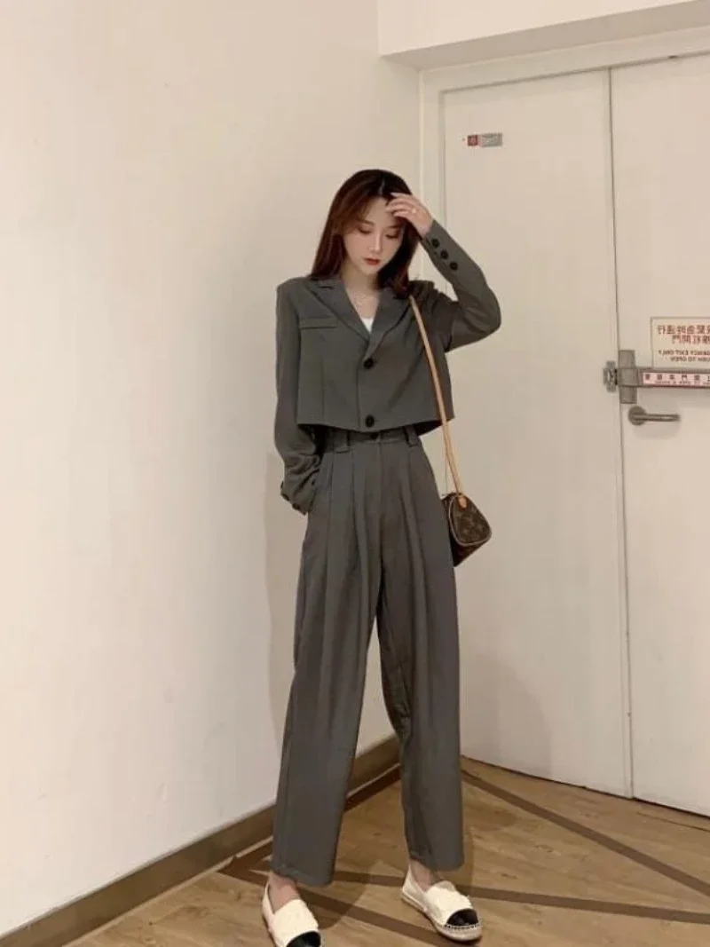 Autumn Punk Suits for Women Korean Short Blazer Jacket + Wide-leg Ankle-length Pants Two-piece Female Student Trend Streetwear