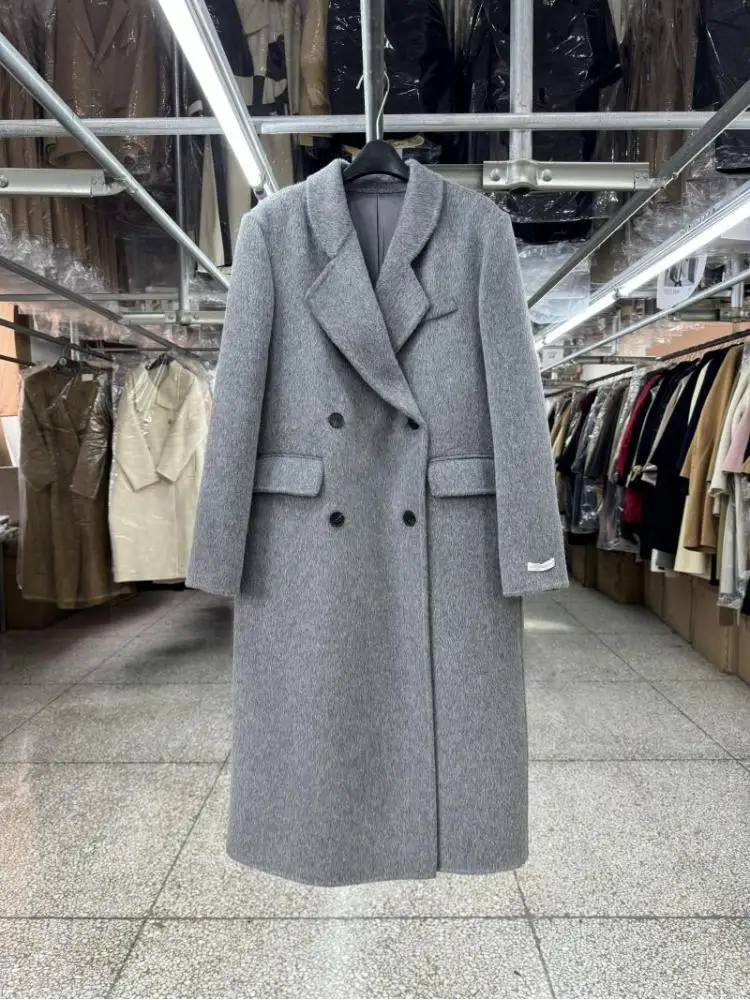 Shoulder Pad Office Lady Woolen Jackets 2024 Autumn And Winter Double-Breasted Elegant Loose Long Women's 100% Wool Coats