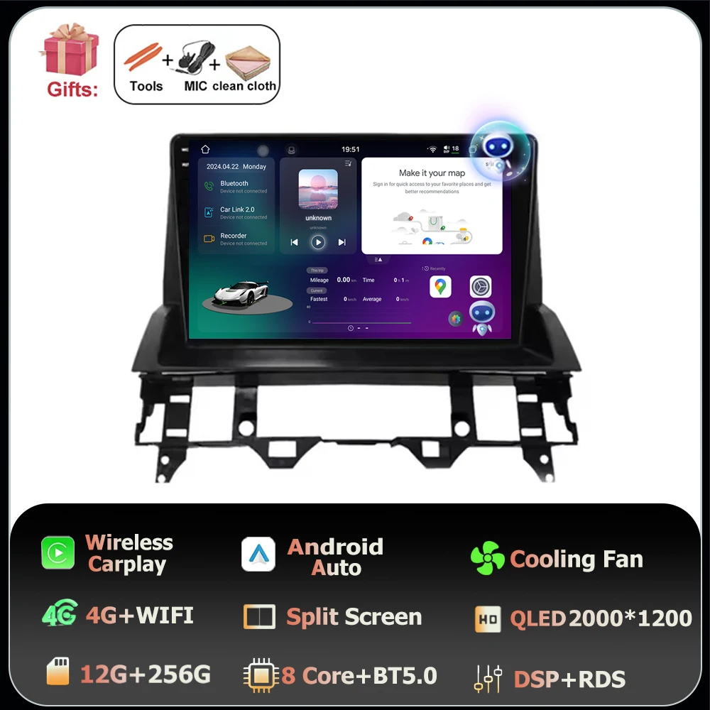 Scherm QLED Carplay Auto Voor Mazda 6 2002 2003 2004 2005 2006 2007 2008 Android 16 Autoradio Multimedia Video speler GPS WIFI 4G