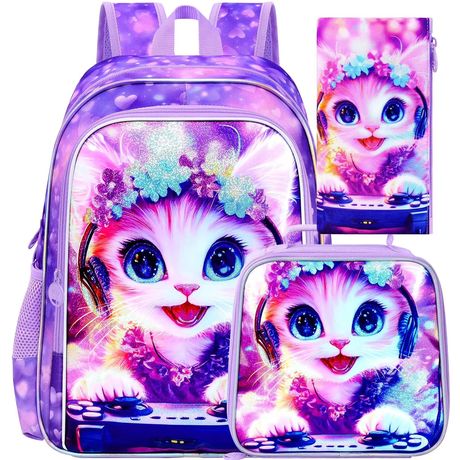 

3PCS Backpack for Girls with Lunch Box,16”Kids Sequin Bookbag with Lunch Box, School Bag for Elementary Toddler