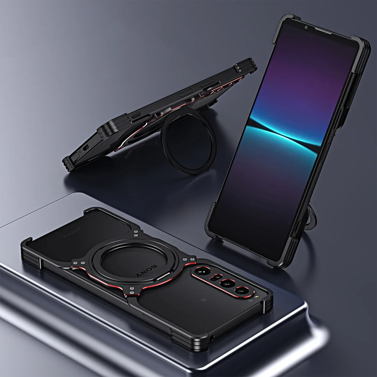 For Sony Xperia 1 V 1 IV 5 10 V Magnetic Case Metal Bumper Rimless with 360° Rotate Stand Lens Protective Frame cover