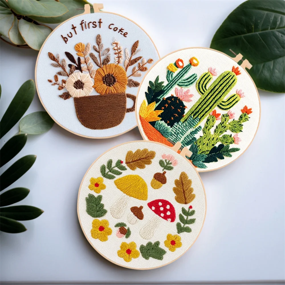 EverShine 1-teiliges Kreuzstich-Set, Blumen-Stickerei mit Reifen, Pilz-Girlande, Handarbeit, Kaktus, geeignet für Anfänger, Wanddekoration