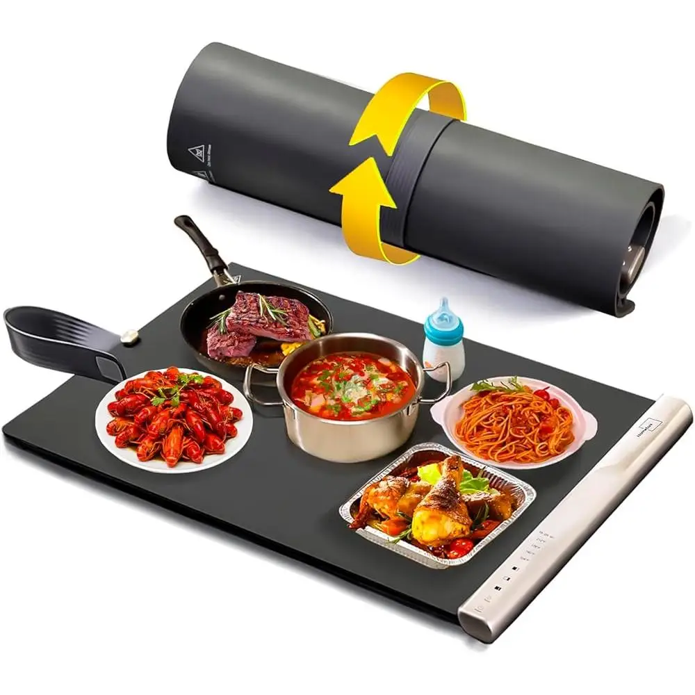 Electric Warming Tray Silicone Food Heating Mat Dual Zone Temperature Control Child Lock Roll Up Storage Buffet Defrosting